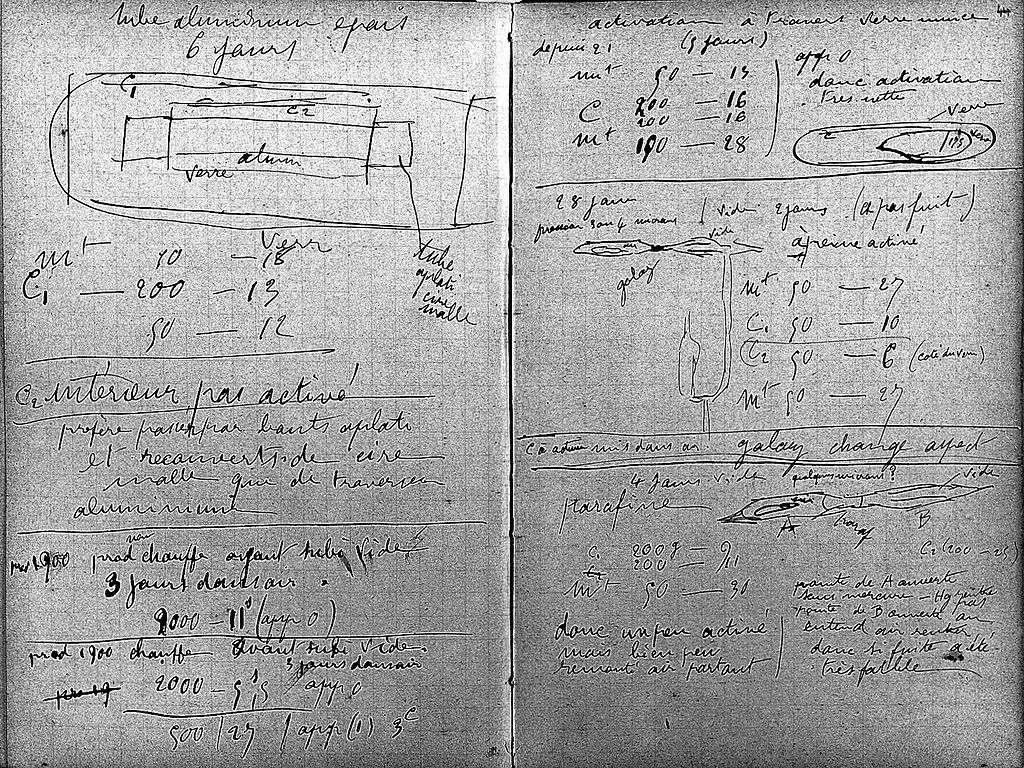 Uma página do caderno de laboratório de Marie Curie. Contém registros detalhados de sua pesquisa em radioatividade.