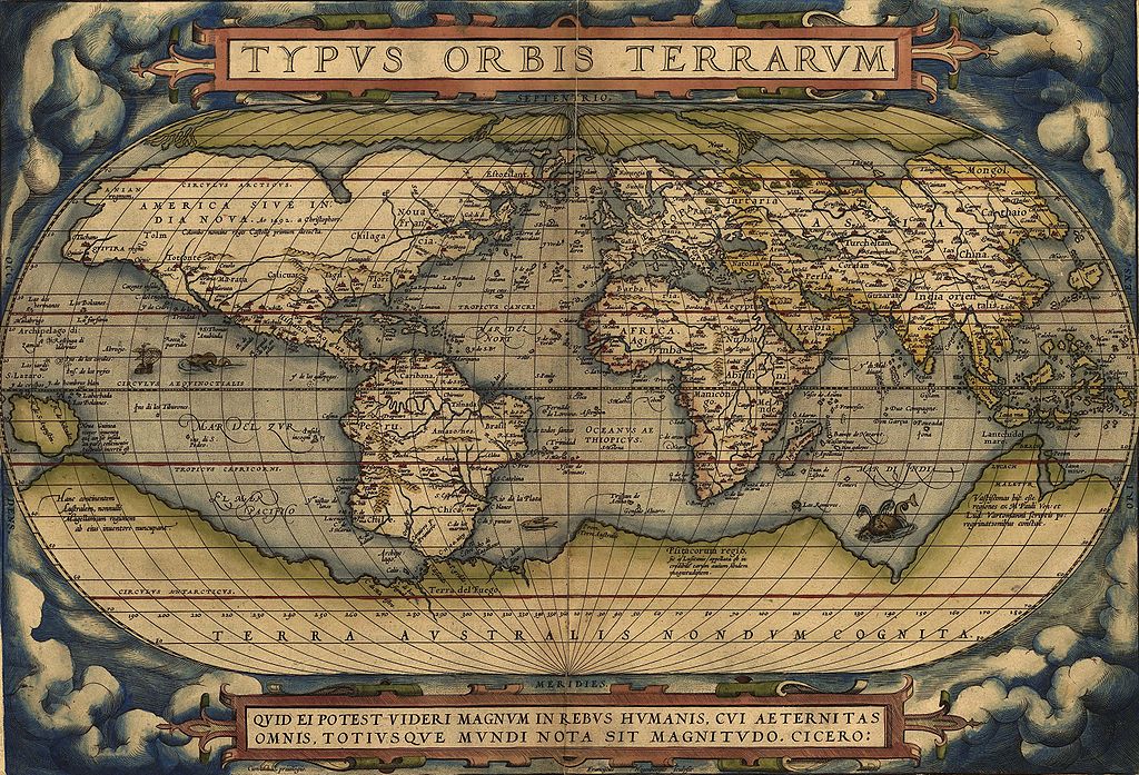 阿布拉罕·奥特柳斯（Abraham Ortelius）于1570年绘制的世界地图。这张地图展示了麦哲伦航行约50年后对世界的理解。