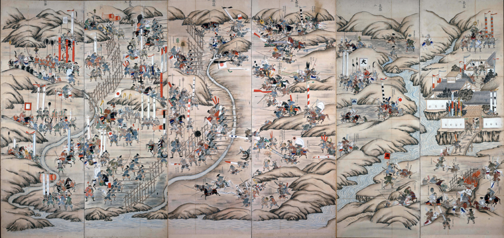 The Battle of Nagashino depicted on the Nagashino Battle Screen. It shows the gun squad firing at the Takeda cavalry.