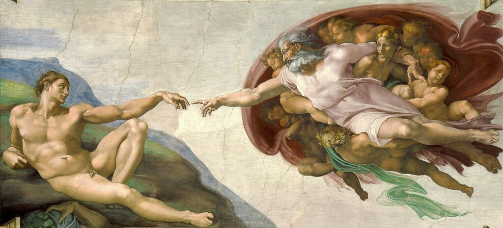 The 'Creation of Adam' from the Sistine Chapel ceiling. Michelangelo's anatomical knowledge is reflected in his depiction of the human body.