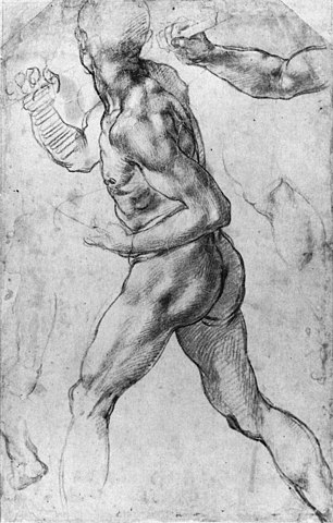 Esboço anatômico do corpo humano por Michelangelo. A estrutura dos músculos e o potencial de movimento são precisamente expressos.