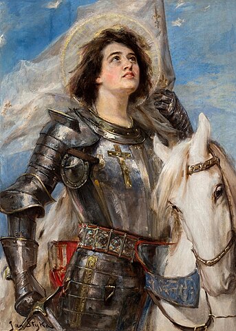 Joan of Arc painted around 1916. She is depicted in armor, holding a flag, symbolically representing her courage and conviction. This painting is a good example of how later artists interpreted and portrayed Joan.