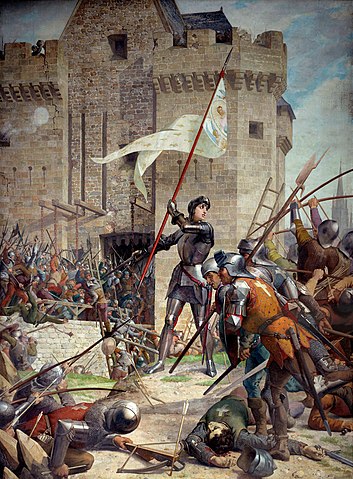 'Joan of Arc at the Siege of Orléans' by Jules Eugène Lenepveu (1886-1890). This painting dramatically depicts the battle scene but differs from Joan's actual attire. Court records indicate that Joan fought in male warrior's clothing, not plate armor. The flag's depiction matches court testimony, described as white with fleurs-de-lis and the words 'Jesus Maria'.