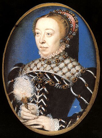 Portrait of Catherine de' Medici by François Clouet (c. 1555). Her expression reflects a strong will and intelligence.