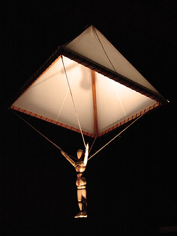 A model of da Vinci's parachute. While its pyramidal shape differs from modern parachutes, the basic principle of using air resistance is the same.