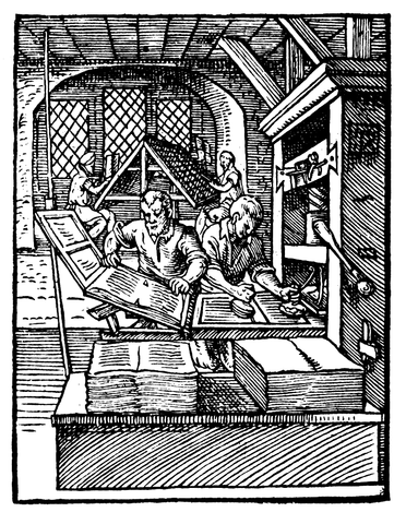 A woodcut depicting a printing workshop in 1568. It shows the printing press and people at work in detail, illustrating the impact of movable type printing on society. During this era, printing houses became centers of knowledge and information, playing a significant role in the spread of culture and ideas. The woodcut vividly portrays various stages of the printing process, including typesetters, press operators, and people checking completed prints. This suggests the emergence of new professions and specialized skills that developed alongside printing technology.