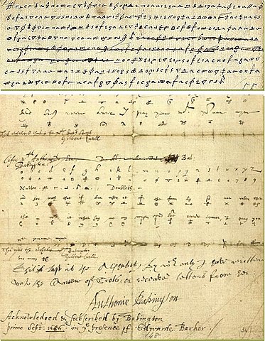 Das verschlüsselte Postscriptum eines Briefes von Maria Stuart an Babington, gefälscht von Walsinghams 'Kryptologen'. Dieses Postscriptum fordert Babington auf, den bereits gebrochenen Code zu verwenden, um die Namen der Verschwörer zu übermitteln. Dieses gefälschte Dokument besiegelte Marias Schicksal.