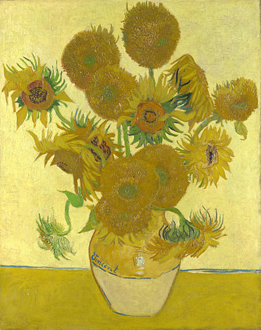 O obra-prima de Van Gogh 'Girassóis' (1888). Pintado principalmente com amarelo cromo, usa múltiplos pigmentos amarelos. Esta obra pode ser considerada o ápice das experiências cromáticas de Van Gogh.