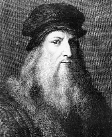 Portrait of Leonardo da Vinci. His long beard and piercing gaze reflect the intelligence and insight of both an artist and scientist.