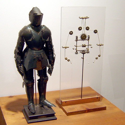 A recreation of da Vinci's 'mechanical knight'. The design mimics human movement through complex gear and pulley systems.