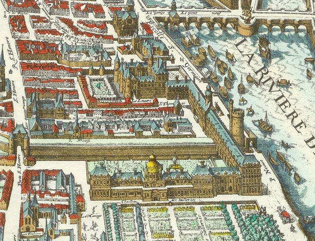 Parte del mapa de París de 1615 por Matthäus Merian. Muestra el Palacio del Louvre (parte inferior del centro), el Palacio de las Tullerías (parte inferior derecha), y la Gran Galería que conecta ambos. El Palacio de las Tullerías, cuya construcción fue iniciada por Catalina de Médici, ya se había convertido en una importante residencia real para entonces.