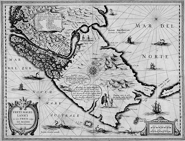 ヨドクス・ホンディウスによる1630年頃のマゼラン海峡とル・メール海峡の地図。マゼランの発見から約100年後に作成されたこの地図は、その後の探検によって得られた詳細な地理情報を反映しており、17世紀の航海技術と地図製作の進歩を示している。