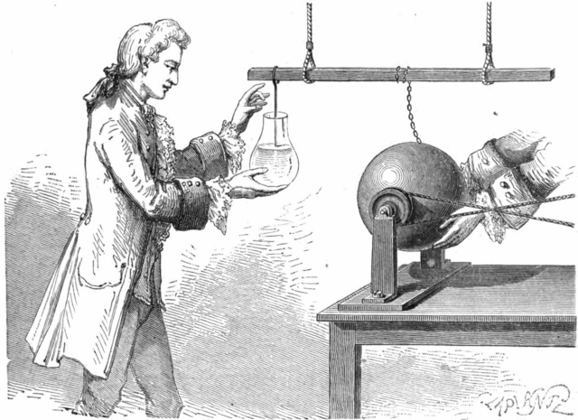 An 18th-century static electricity experiment in Europe. Hiraga Gennai is believed to have conducted similar experiments in Japan.