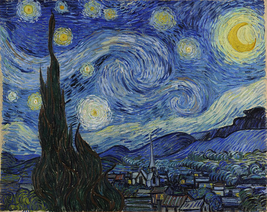 'The Starry Night' (1889). The contrast between the night sky painted with cobalt blue and the stars with chrome yellow is striking. This work is a prime example of the fusion of Van Gogh's color theory and emotional expression.