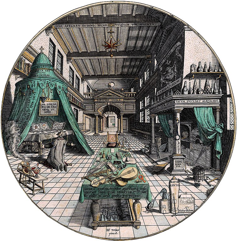 El Laboratorio del Alquimista (1595). Un grabado del libro 'Amphitheatrum Sapientiae Aeternae' de Heinrich Khunrath. Esta detallada representación ilustra vívidamente la fusión de ciencia y misticismo en la alquimia de finales del siglo XVI, capturando la atmósfera intelectual de la era de Catalina de Médici.