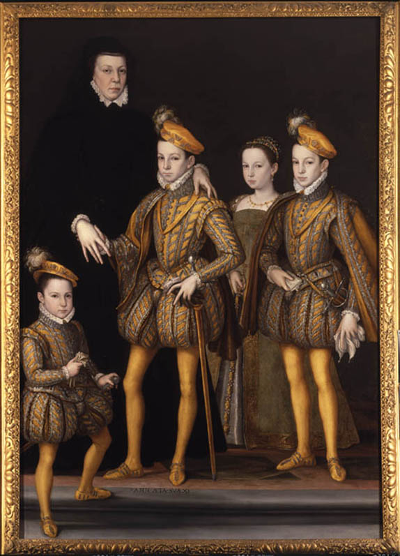 Catherine de' Medici dan Anaknya oleh François Clouet (kira-kira tahun 1561). Catherine digambarkan dalam busana duka di atas, dengan anak-anaknya di bawah dari kiri ke kanan: Charles (kemudian Charles IX), Marguerite dari Valois, Henry (kemudian Henry III), dan Francis (Adipati Alençon). Potret ini mengilustrasikan peran kompleks Catherine sebagai politisi dan ibu, melampaui stereotip sebagai 'peracun'. Kepemimpinannya selama perang agama dan posisinya sebagai pemimpin wanita menimbulkan isu yang relevan dengan masyarakat modern.