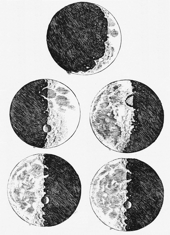 Sketsa Galileo tentang Bulan. Ini adalah pengamatan pertama yang tercatat tentang Bulan melalui teleskop dalam sejarah manusia.