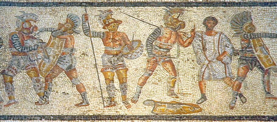 Gladiator yang digambarkan dalam mosaik Romawi kuno yang ditemukan di Zliten, Libya. Spartacus kemungkinan besar dipaksa bertarung dalam pertempuran serupa.