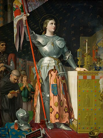 'Joan of Arc di Penobatan Charles VII' karya Jean-Auguste-Dominique Ingres, menekankan pentingnya Joan dan peran simbolisnya dalam penobatan.