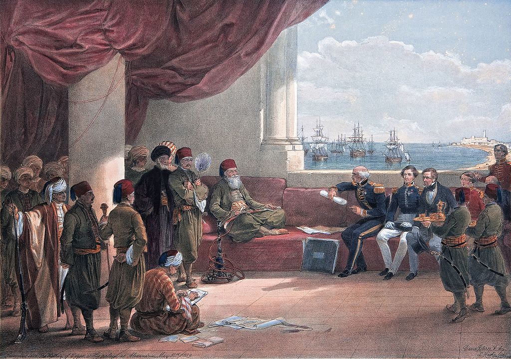 'Interview with Mehemet Ali in his Palace at Alexandria' by David Roberts and Louis Haghe. This painting depicts Muhammad Ali directly negotiating with Western visitors, symbolically representing his foreign policy and relations with the West.