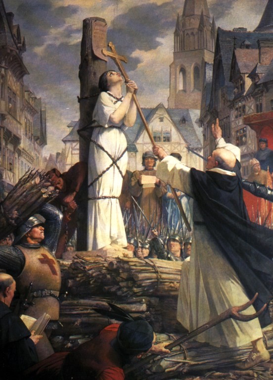 Une miniature du XVe siècle représentant l'exécution de Jeanne d'Arc. Cet événement tragique a marqué la fin de l'histoire de courage et de conviction symbolisée par son armure, tout en commençant simultanément la légende qui serait transmise à travers les générations.