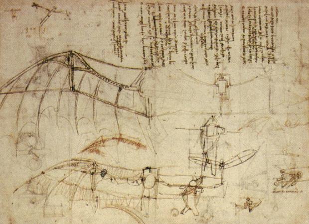 Le design de de Vinci pour une machine volante (vers 1488). Le concept de l'ornithoptère, inspiré des ailes d'oiseaux, est détaillé.