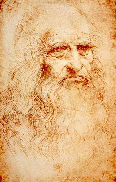 Autorretrato de Leonardo da Vinci (c. 1512). Seu olhar perspicaz é impressionante, refletindo seus papéis como artista e cientista renascentista.