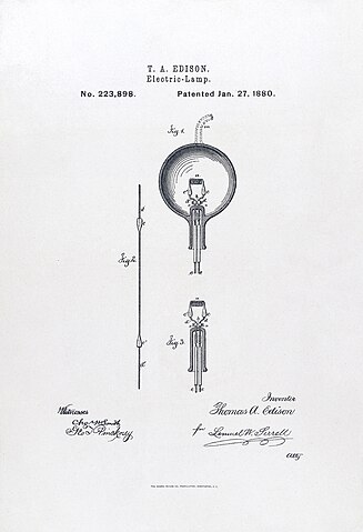 米国特許番号 223898: 電気ランプ、1880 年 1 月 27 日発行。エジソンが特許を取得した電球の図解。