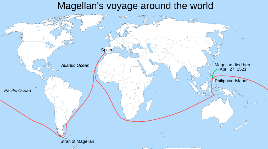 Map showing the route of Magellan's circumnavigation of the world. This voyage dramatically changed human geographical understanding.