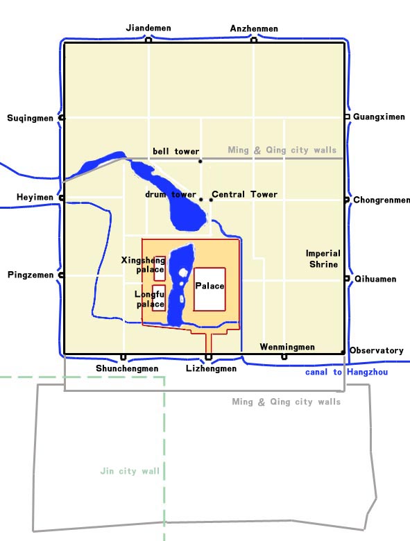 Plan urbain de Khanbaliq (actuel Pékin) durant la dynastie Yuan. La disposition ordonnée et l'emplacement des palais correspondent aux descriptions de Marco Polo dans 'Les Voyages'.