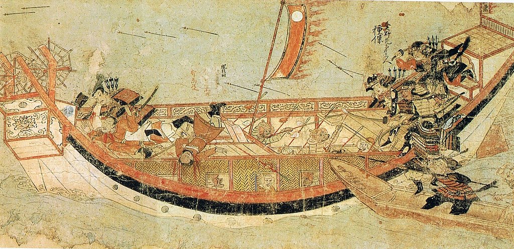 Una escena de batalla entre las fuerzas mongolas y japonesas representada en el Mōko Shūrai Ekotoba. Ilustra la invasión de Japón por Kublai Khan.