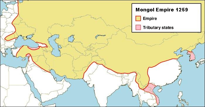 L'Empire mongol à son plus grand étendu sous le règne de Kublai Khan, contrôlant une grande partie du continent eurasien.