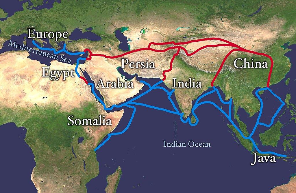 マルコ・ポーロが辿ったとされるシルクロードの地図。ベネチアから中国までの長い旅路を示している。