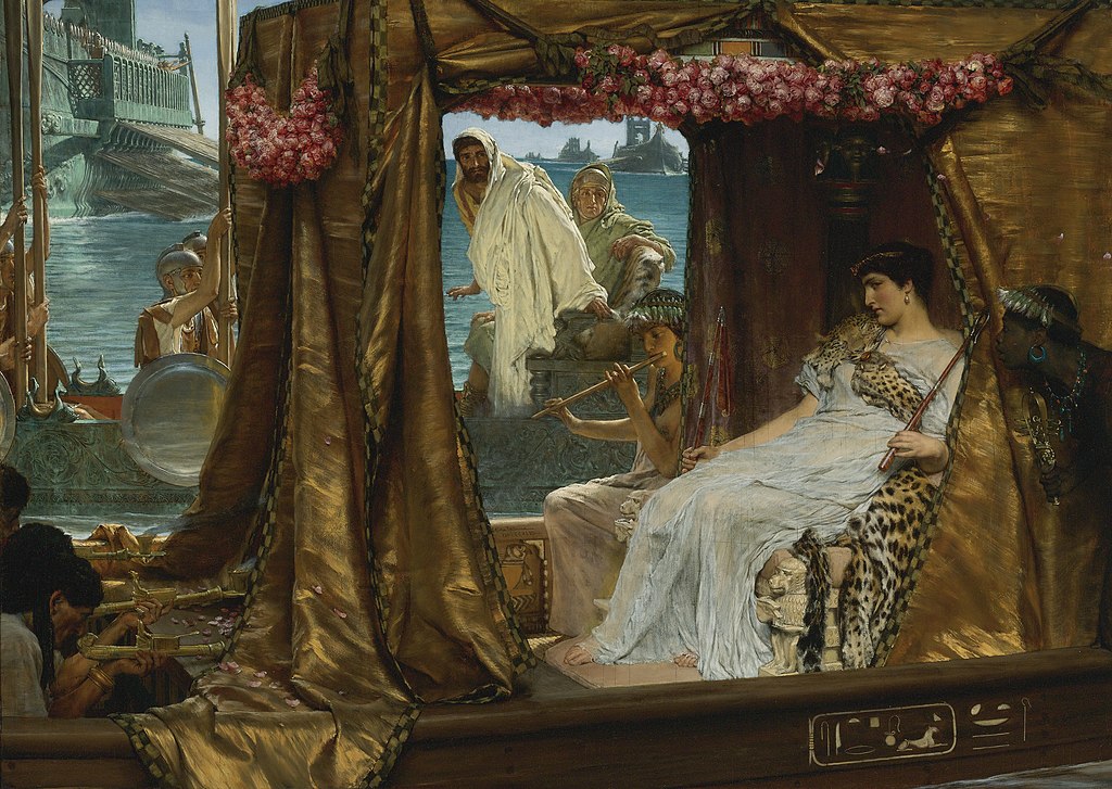 'The Meeting of Antony and Cleopatra' (1883) by Lawrence Alma-Tadema. The scene depicts Cleopatra captivating Mark Antony in Tarsus. One can imagine how the luxurious decorations and fragrances were part of her diplomatic strategy.