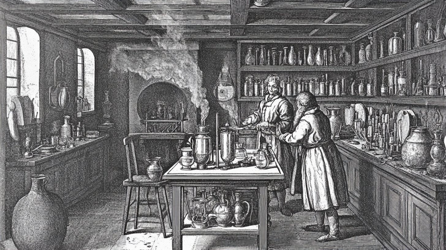 An imagined view of a 17th-century alchemical laboratory. Newton likely conducted his research on the 'Green Lion' and the 'Philosopher's Stone' in a similar environment. Equipment such as distillation apparatus and furnaces were later applied to scientific experiments.