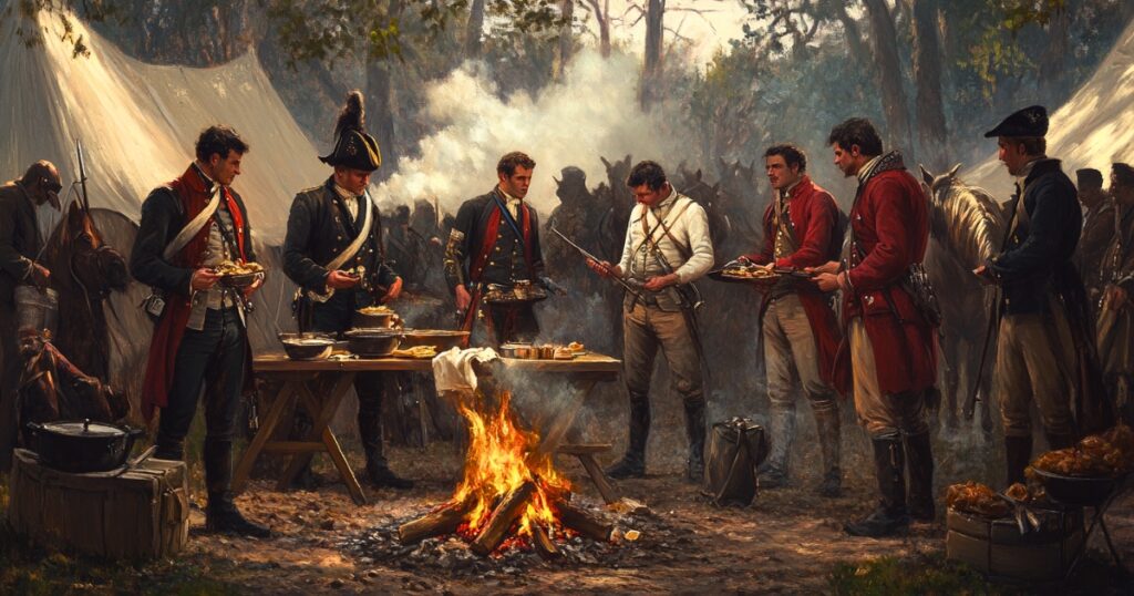 An imaginary scene depicting Napoleon's officers discussing battle strategies while dining in a military camp. Tents and campfires are visible in the background, illustrating the tension of the battlefield and the daily life of soldiers.